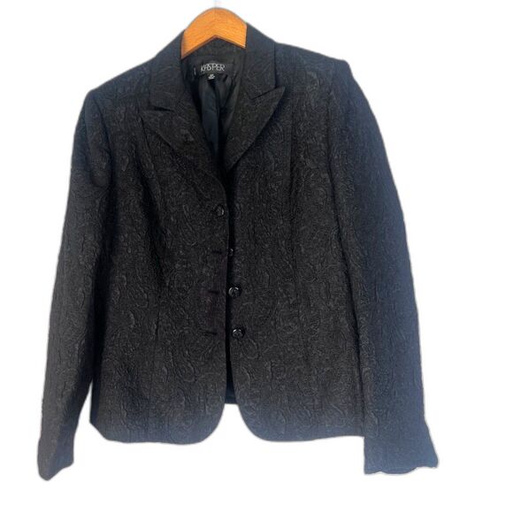 Kasper Black Embossed Textured Single Breasted Lined Blazer Jacket Size 12P - Picture 1 of 9